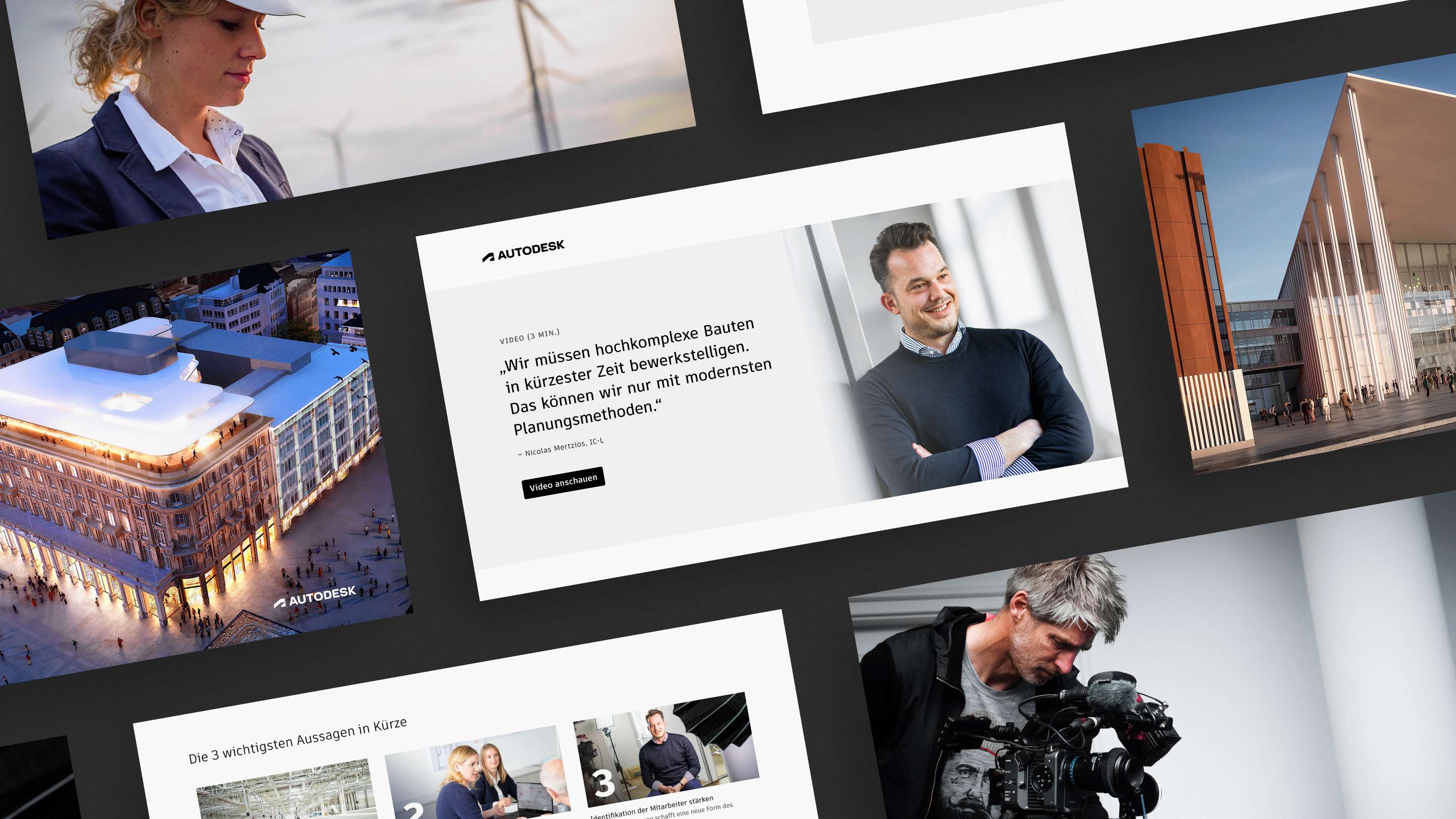 Mehrere Screenshots von der Landingpage zur Thought Leader Kampagne und Fotos von Gebäuden und aus der Produktion der Kampagne