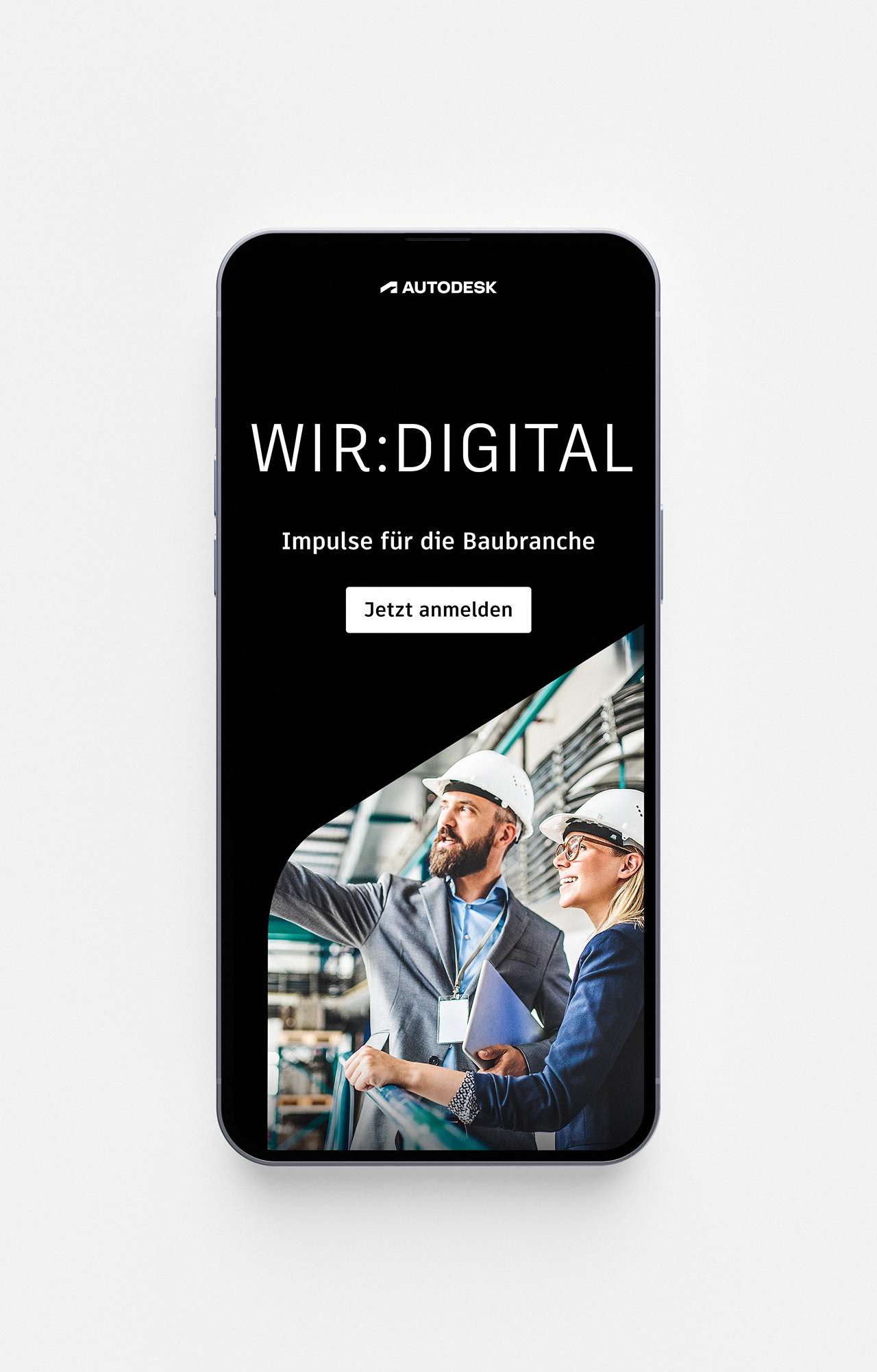 Mockup von der WIR:DIGITAL-Website in einem Smartphone auf weißem Hintergrund mit dem CTA „Jetzt anmelden“
