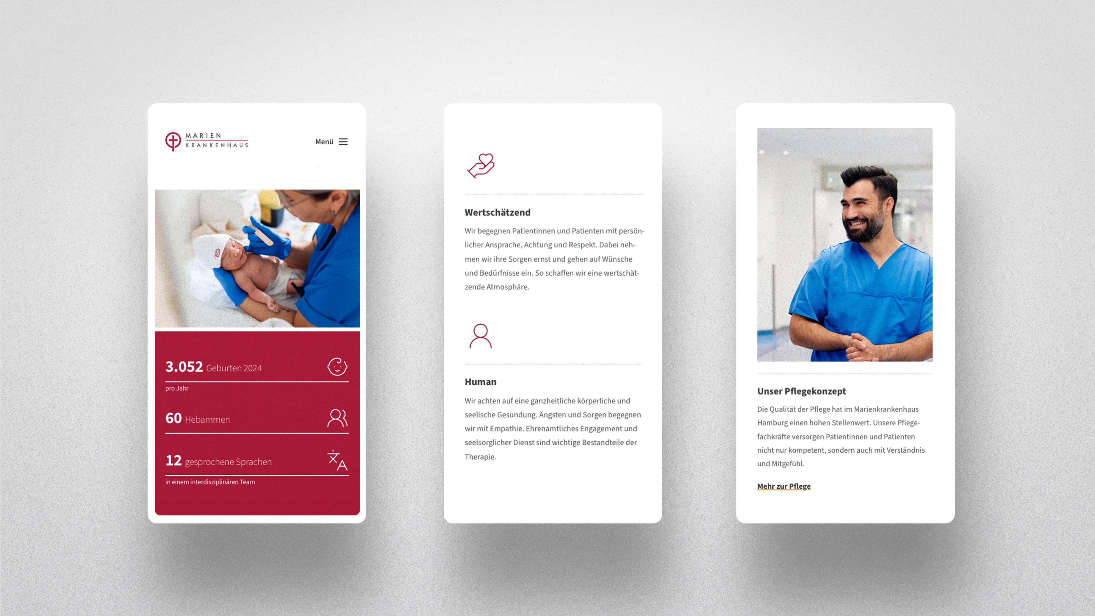 Drei mobile Bildschirmansichten mit medizinischen Informationen, Bildern von Fachkräften und Statistiken.