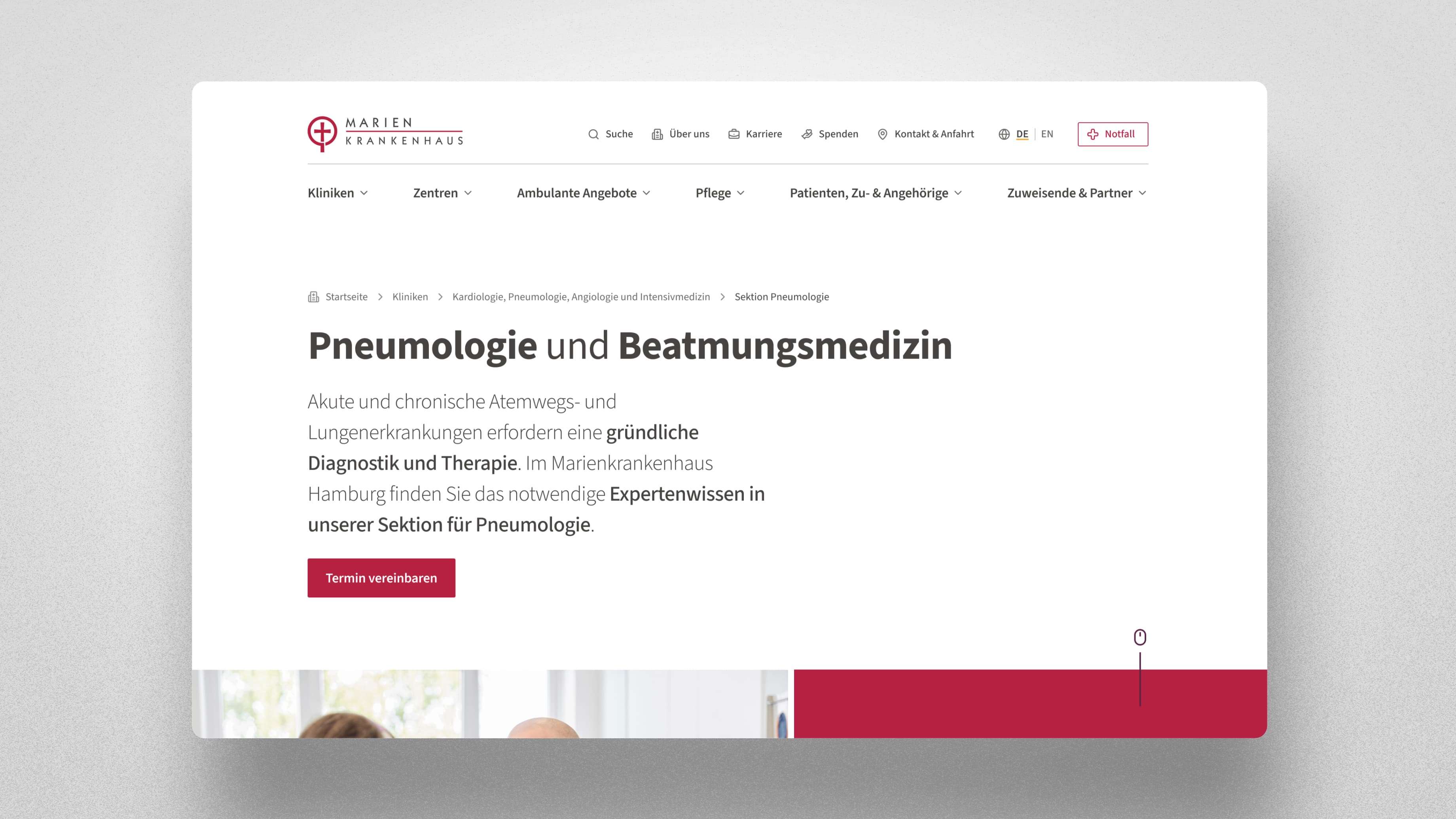 Webseite der Fachabteilung Pneumologie und Beatmungsmedizin mit Informationen zu Diagnostik und Therapie.
