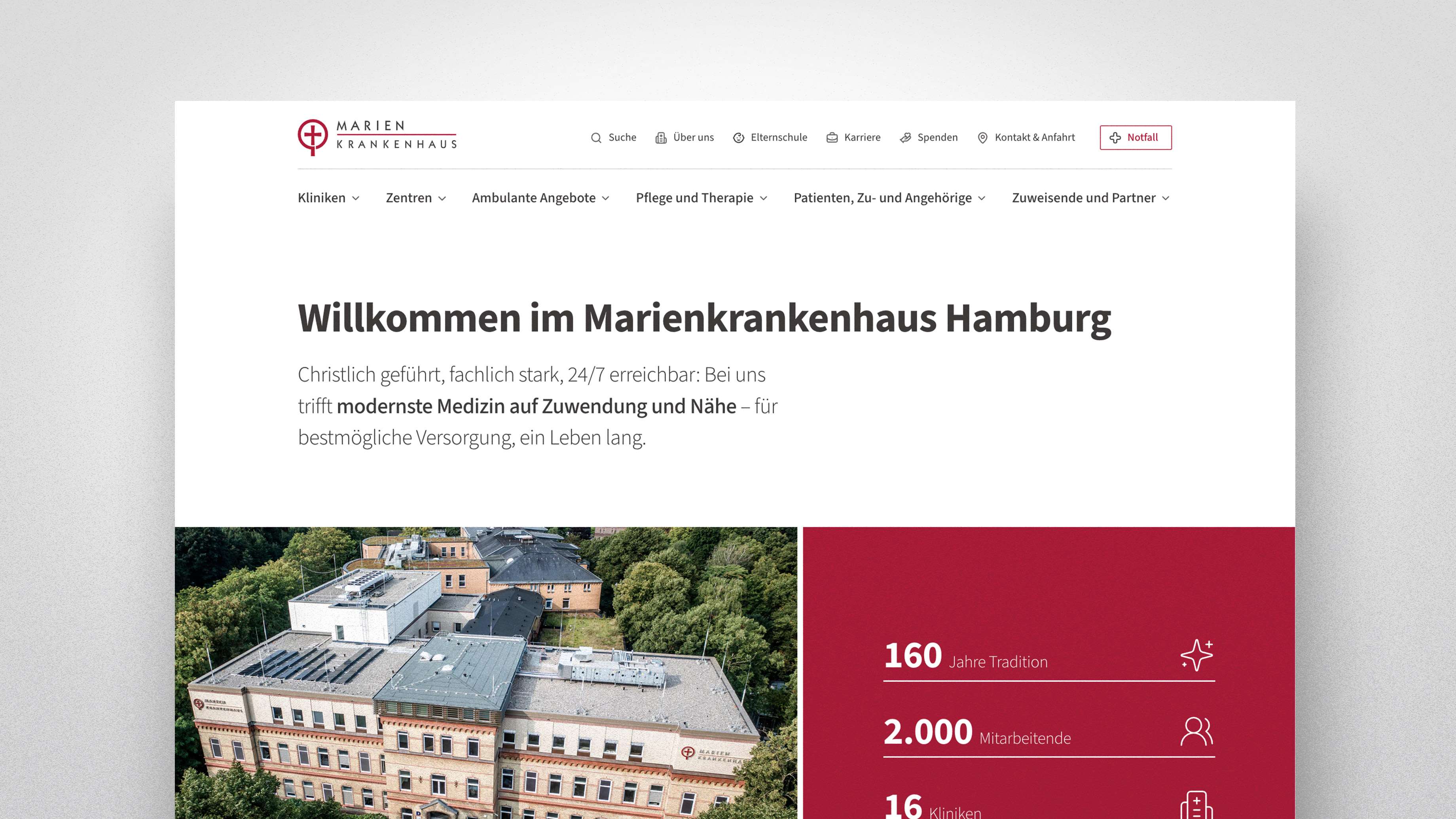 Webseite des Marienkrankenhauses Hamburg mit Willkommensnachricht, Bild und Informationen über die Einrichtung.